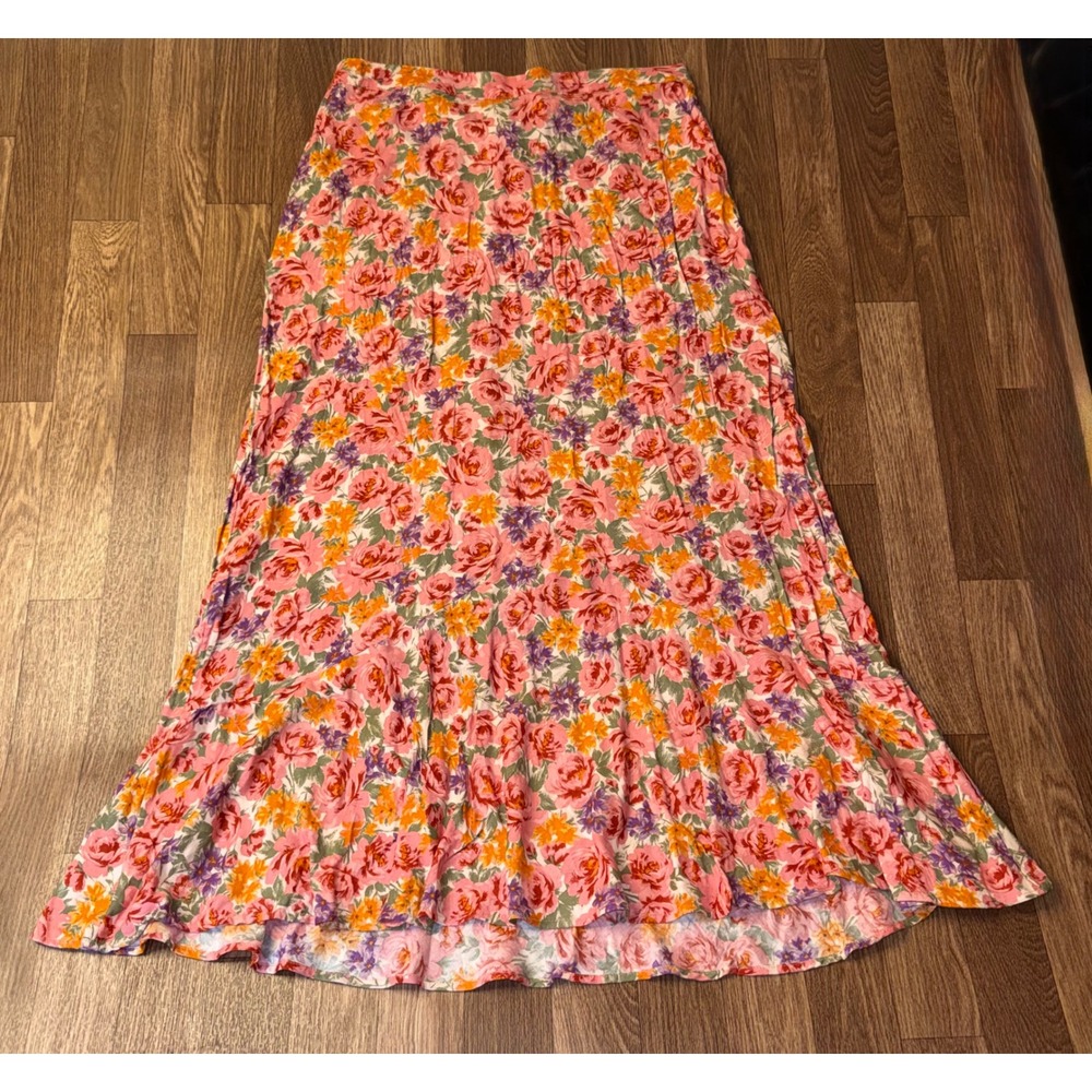 American Eagle Pink Floral Rose Maxi Skirt Elastic Waist Ruffle Hem Large NWT